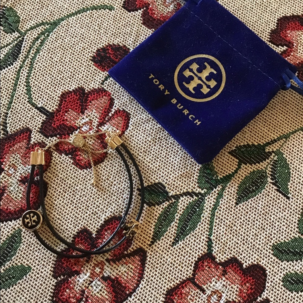 TORY BURCH ADJUSTABLE LEATHER CORD BRACELET W BAG BLACK GOLD